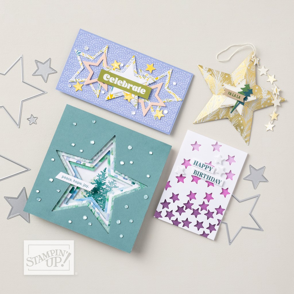 Eine Sammlung von handgemachten Grußkarten mit Sternenmotiven, darunter eine Karte mit der Aufschrift 'Celebrate', eine andere mit 'peace, hope, joy', sowie eine Geburtstagskarte mit dem Text 'HAPPY BIRTHDAY'.
