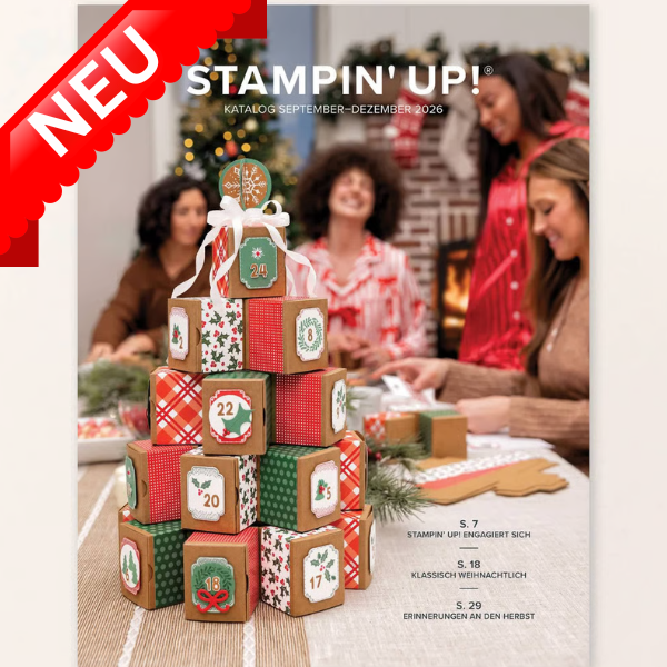 Katalog von Stampin' Up! für September-Dezember 2026, mit einem dekorativen Adventskalender aus Geschenkkartons und einer festlichen Atmosphäre.